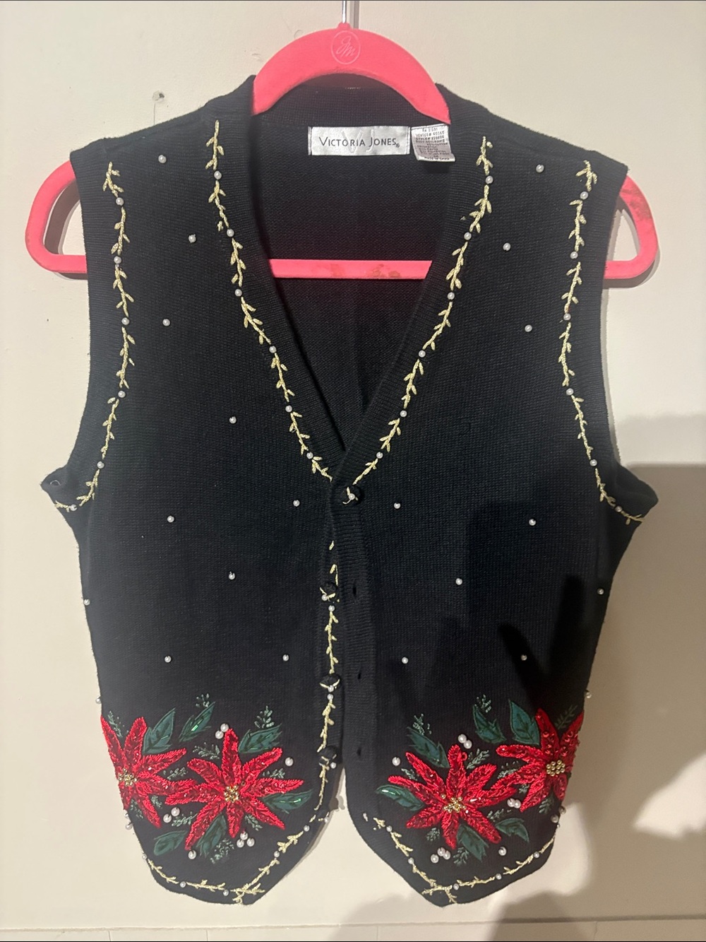 Victoria Jones Woman Black Embellished Vest with Red Poinsettias